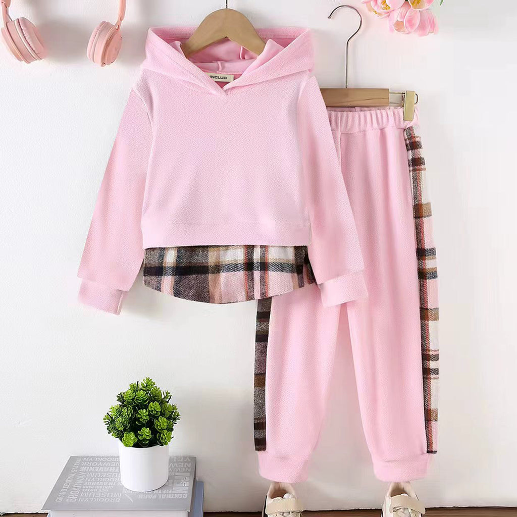 Girls Pink Plaid Patchwork Hooded Sweatshirt With Jogger Sets 2 pc. Sets Pink 3-4 Y