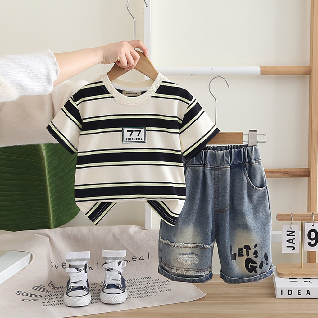 Boys Off White Striped Short Sleeves T-Shirt With Denim Shorts Set 2 pc. Sets Off White 1-2 Y