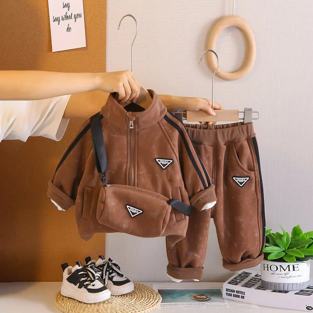Boys Brown Side Stipes Zip-up Jacket With Jogger Co-ord Sets Sets Brown 1-2 Y