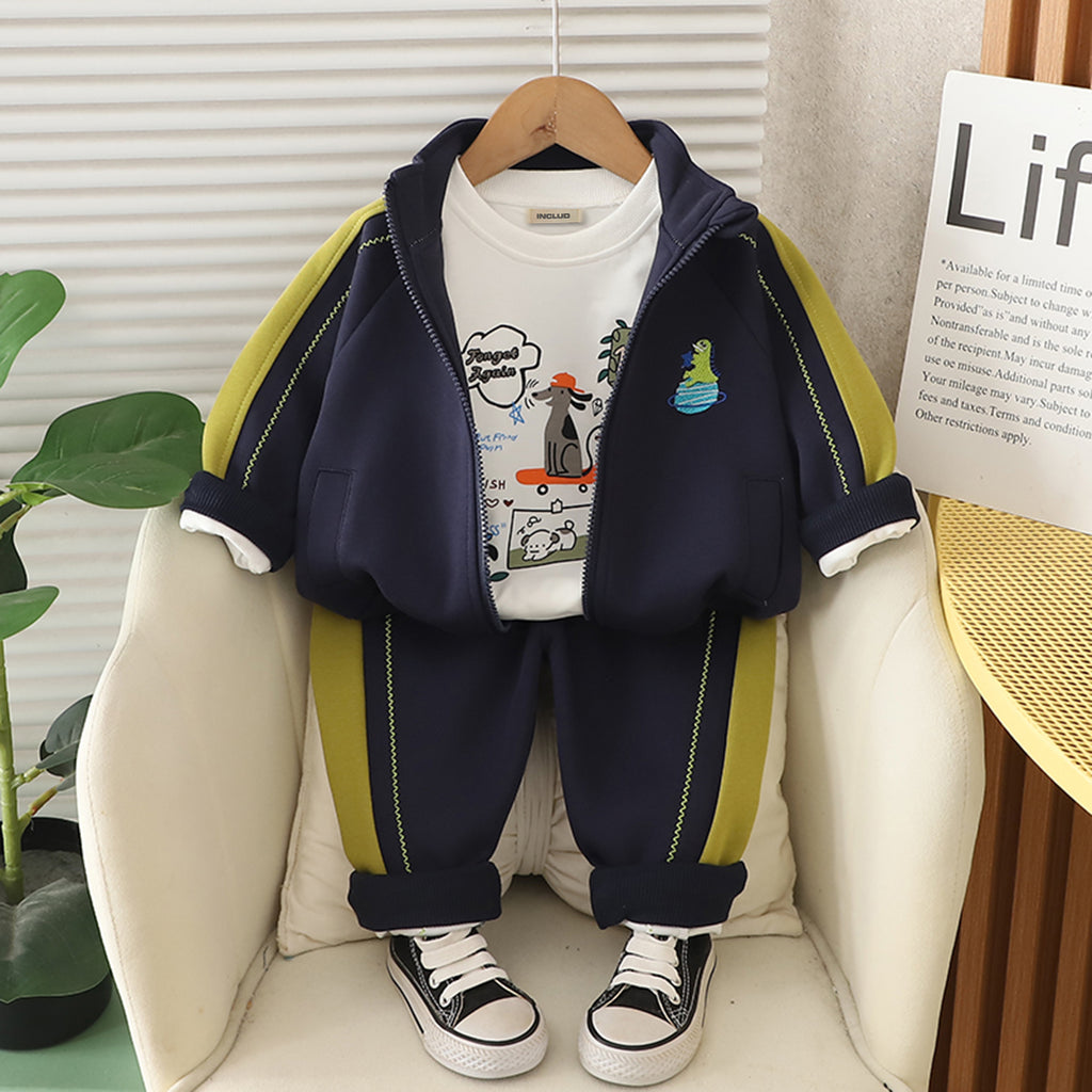 Boys Navy Blue Dinosaur Embroidered Winter Sweatshirt With T-Shirt and Pants Set 3 pc. Sets Navy Blue 1-2 Y