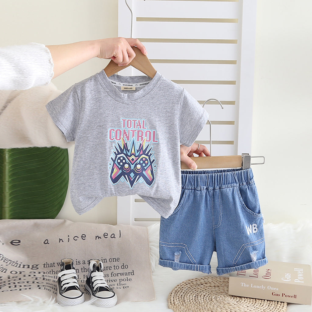 Boys Grey Joystick Printed Short Sleeves T-Shirt With Denim Shorts Set 2 pc. Sets Grey 1-2 Y