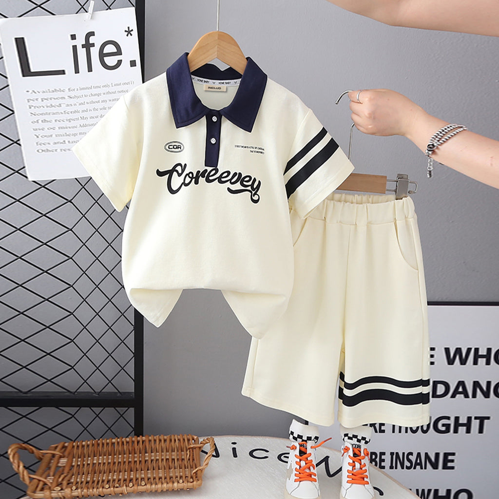 Boys Apricot Typographic Print Contrast Collared Polo T-Shirt With Shorts Set 2 pc. Sets Apricot 2-3 Y