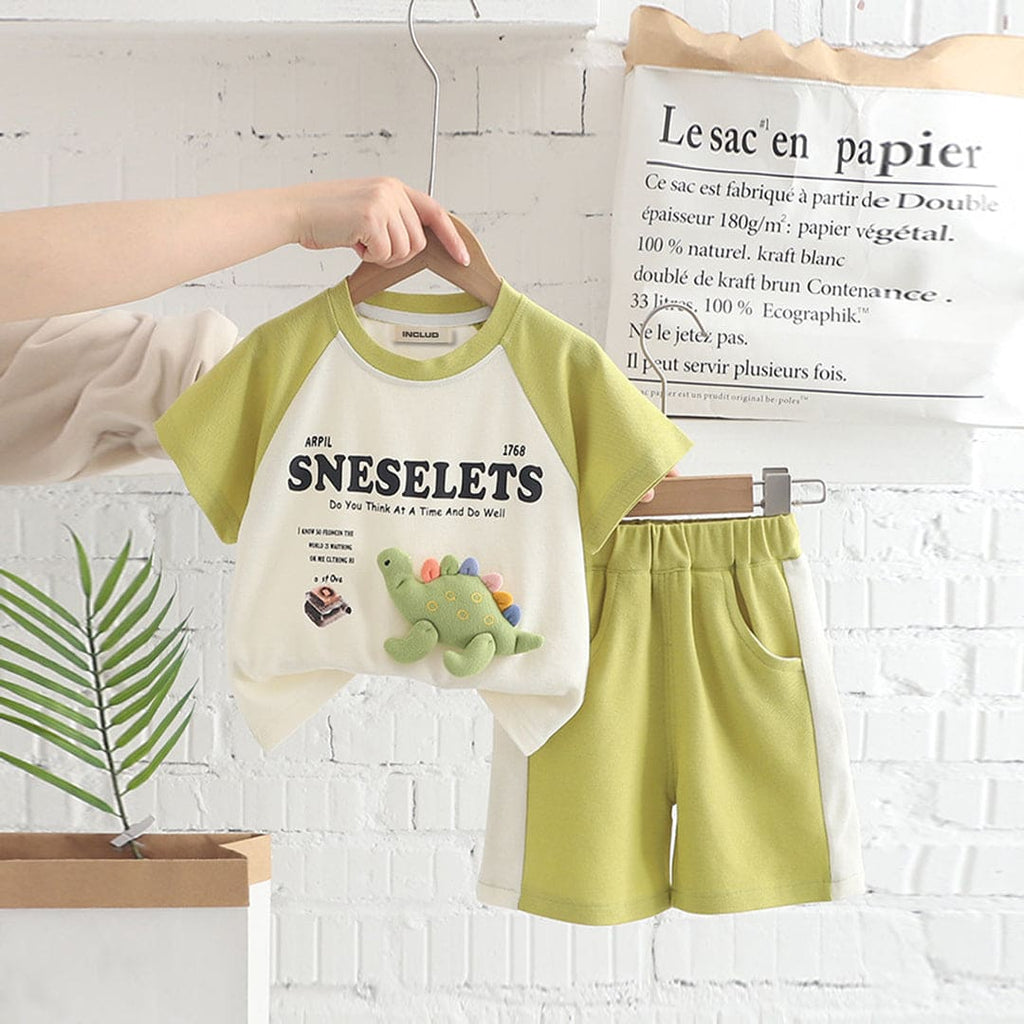 Boys Raglan Sleeve Typography Print T-Shirt With Shorts 2 pc. Sets Light Green 1-2 Y 