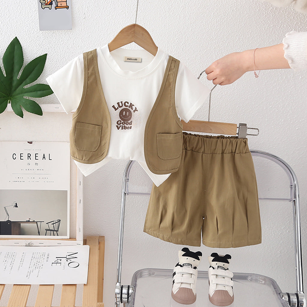 Boys Smiley Printed Attached Waistcoat T-Shirt With Olive Shorts Set 2 pc. Sets Olive 1-2 Y