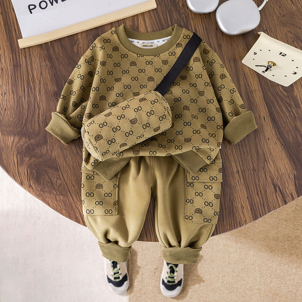 Boys Green Abstract Printed Sweatshirt With Joggers & Sling Bag Set Sets Green 1-2 Y