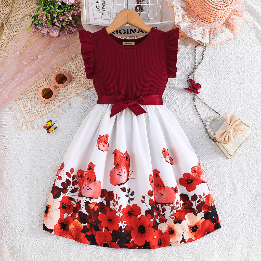 Girls Maroon Floral And Butterfly Printed Flutter Sleeves Dress Casual Dresses Maroon 5-6 Y