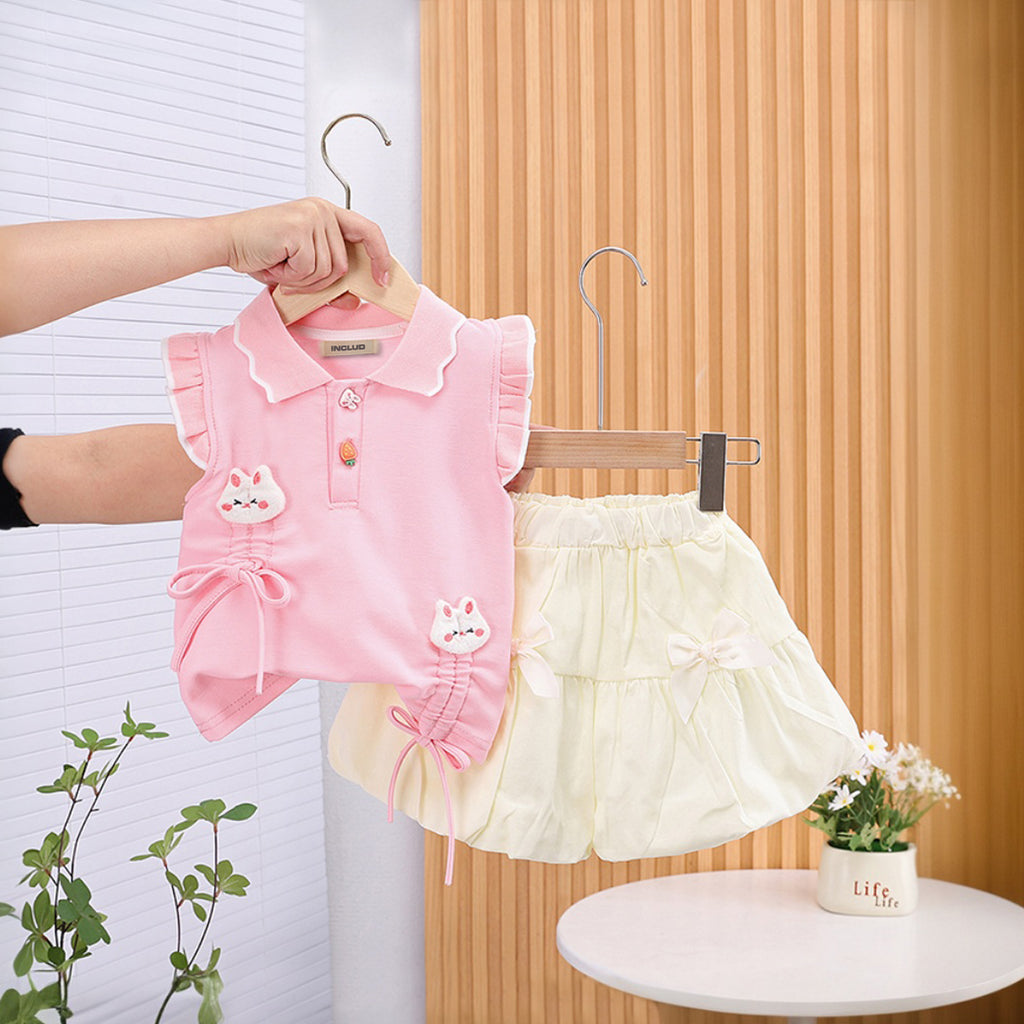 Girls Pink Cat Appliqued Flutter Sleeves Top With Balloon Shorts Set 2 pc. Sets Pink 1-2 Y