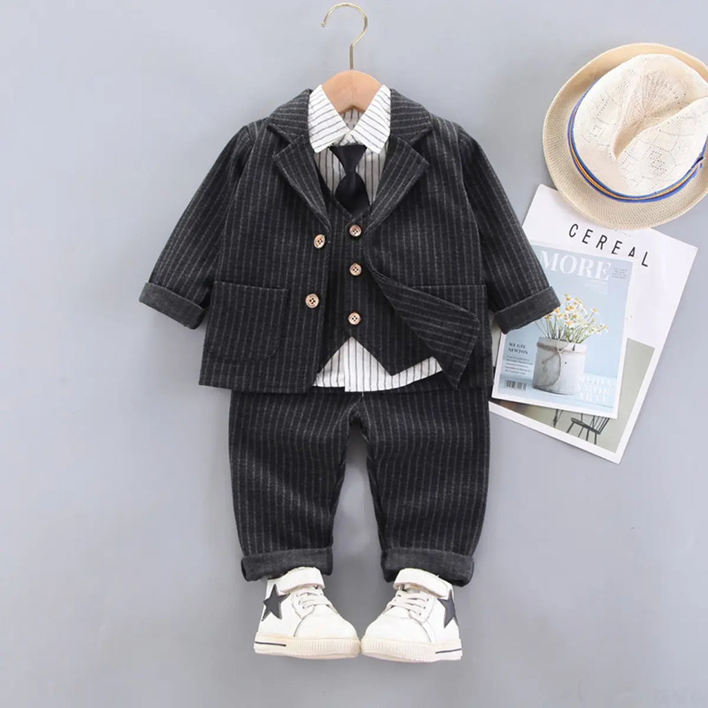 Boys Black Pin Stripes Five-Piece Suit with Vest and Tie Sets Sets Black 1-2 Y
