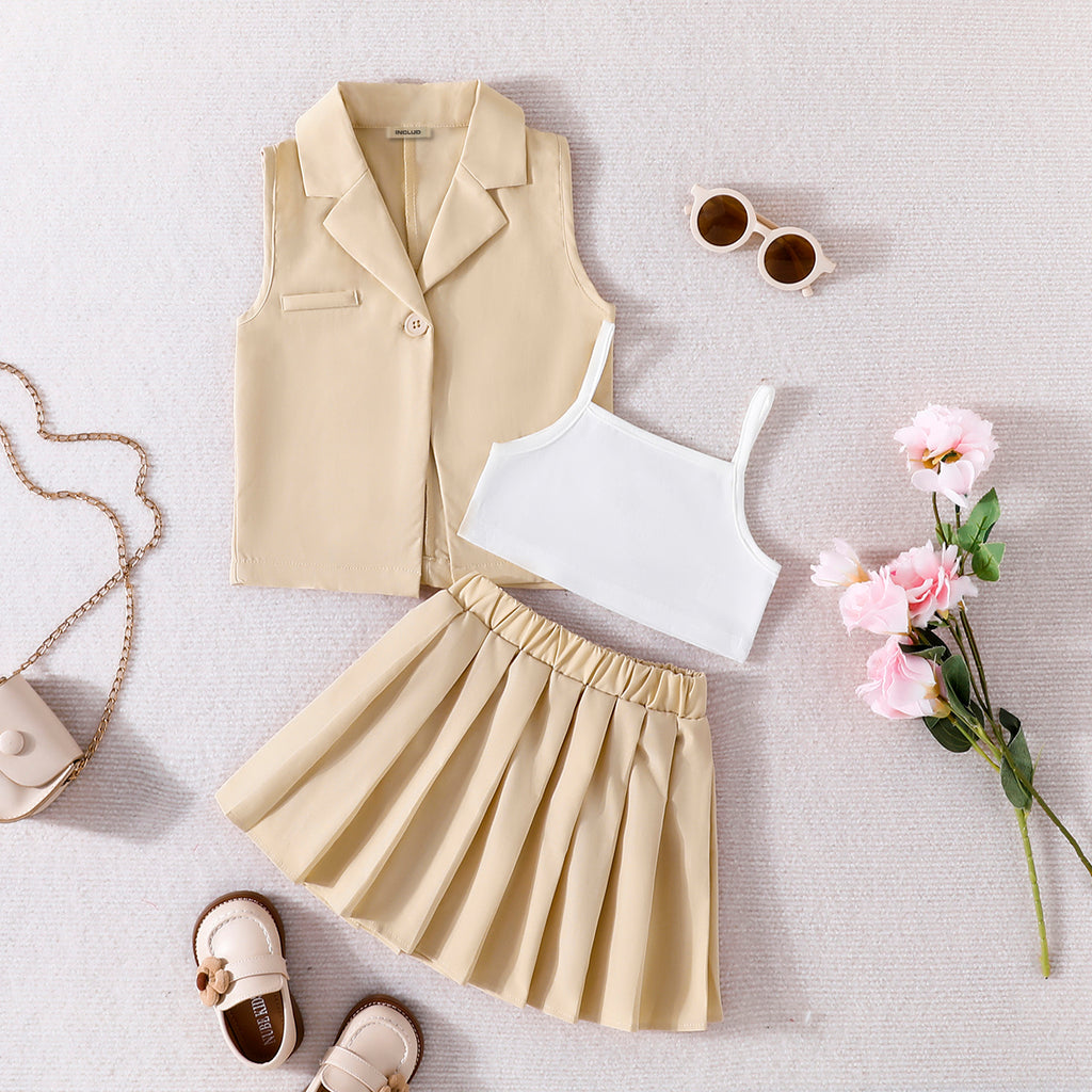 Girls Khaki Sleeveless Jacket With Camisole Top And Pleated Skirts Sets 3 pc. Sets Khaki 3-4 Y