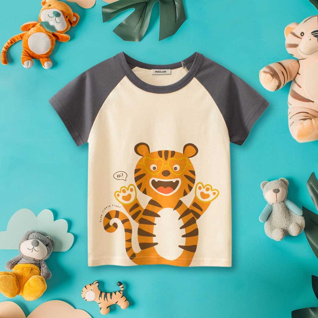 Boys Tiger Print Raglan Sleeves T-Shirt Tshirts Gray 1-2 Y 