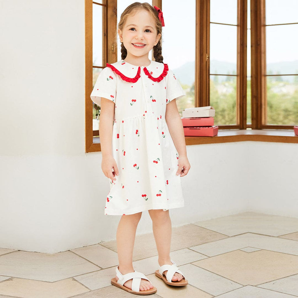 Girls Peter Pan Collar Cherry Print Fit & Flare Dress Casual Dresses White 1-2 Y 