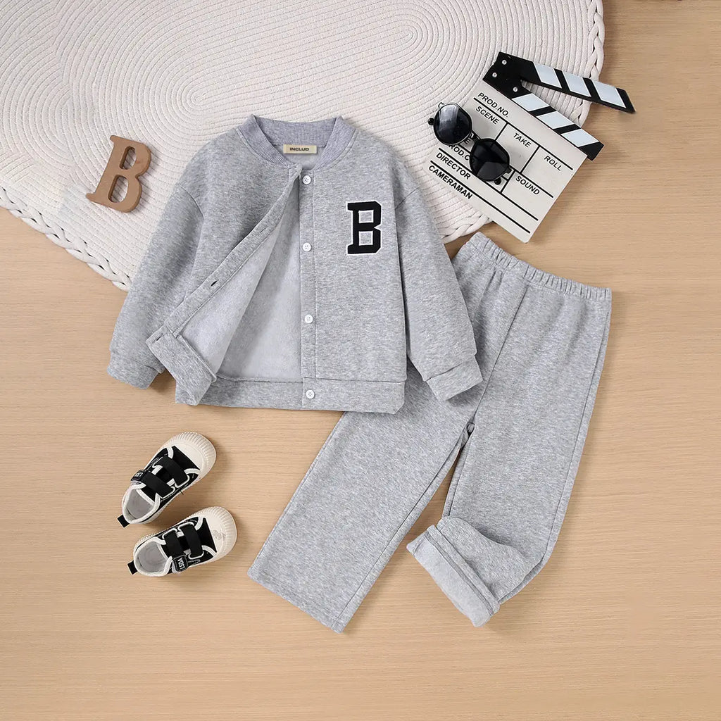 Boys Grey Letter B Embroidered Baseball Style Jacket With Pant Sets Sets Grey 3-4 Y