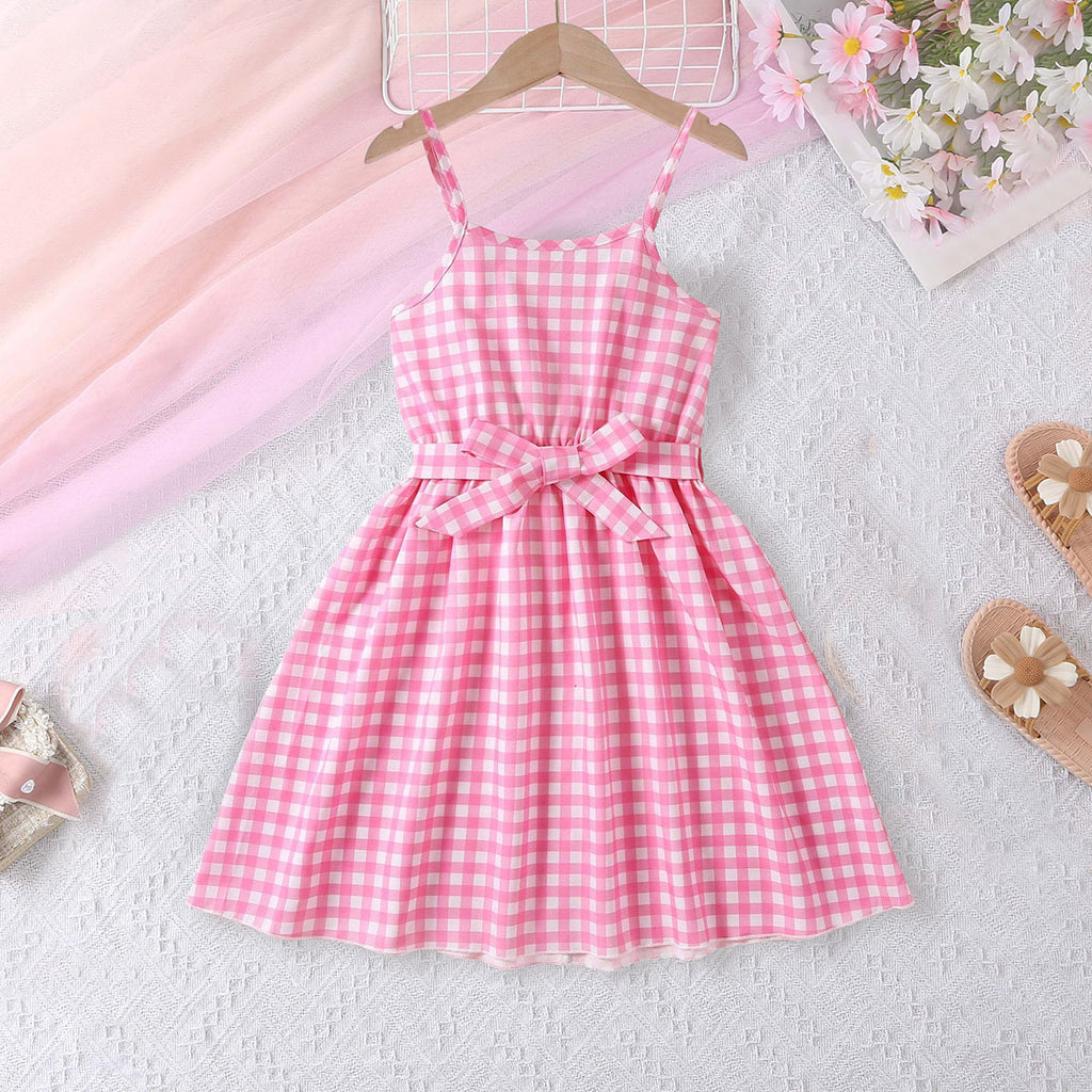 Girls Pink Checked Sleeveless Fit And Flared Casual Dress Casual Dresses Pink 3-4 Y