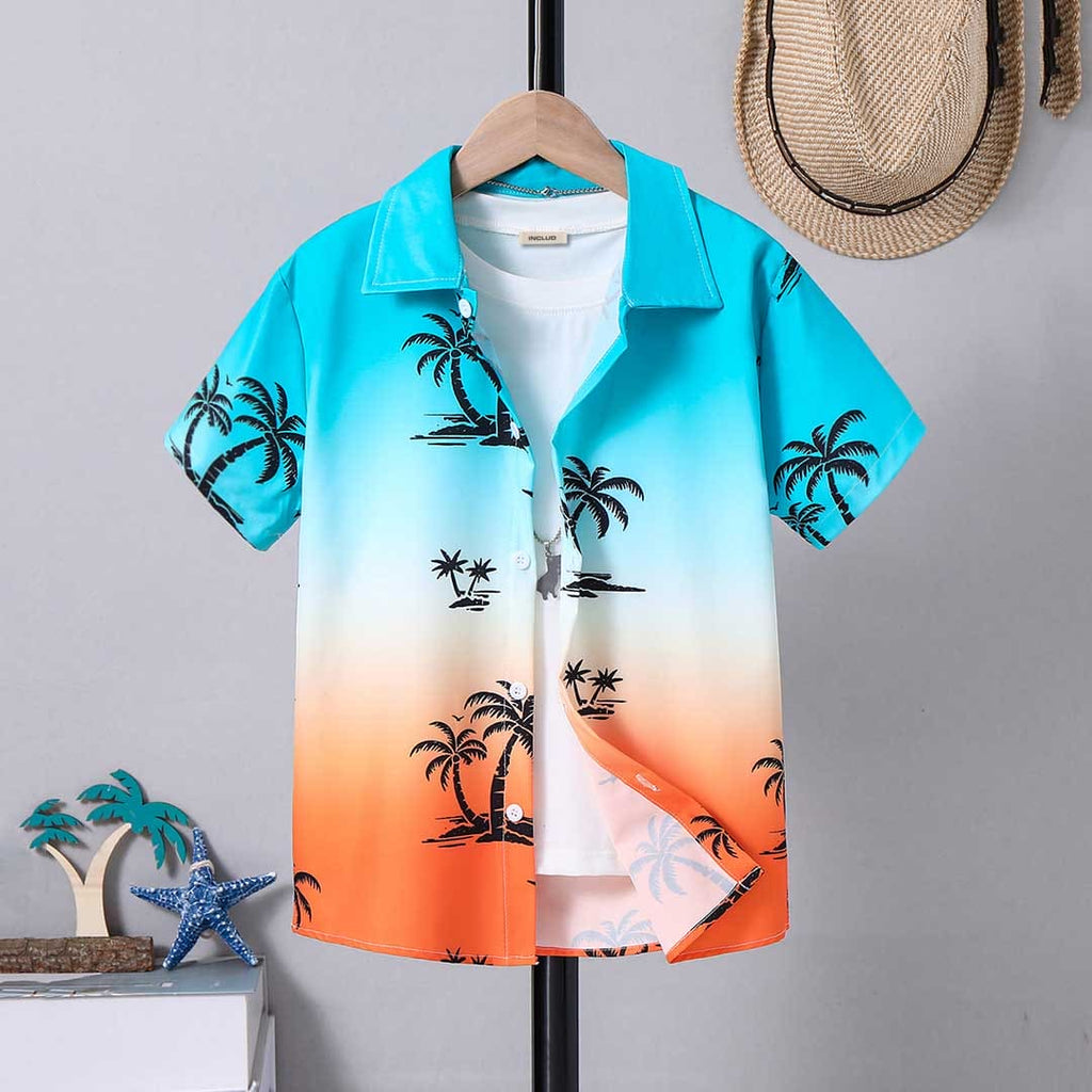 Boys Ombre Print Short Sleeves Shirt Shirts Blue 8-9 Y 