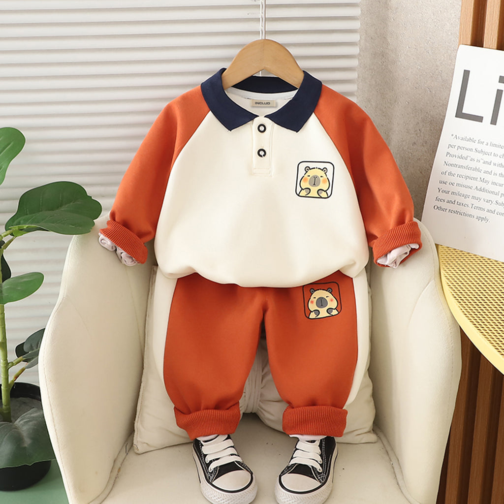Boys Orange Capybara Printed Polo Neck Sweatshirt With Pant Set 2 pc. Sets Orange 1-2 Y