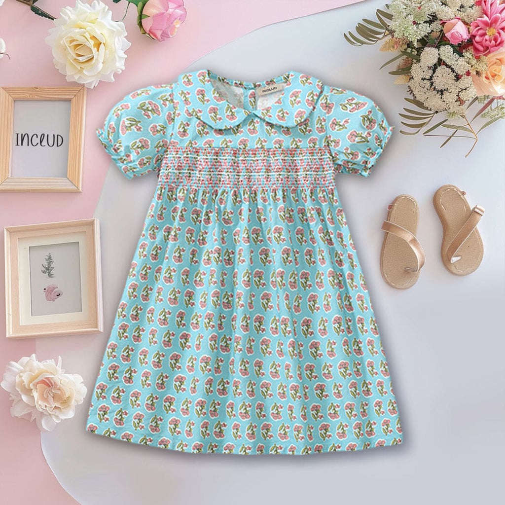 Girls Floral Print Peter Pan Collar Dress Casual Dresses Sea Green 1-2 Y 
