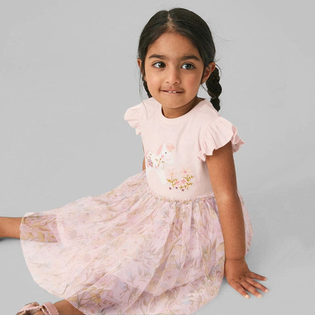 Girls Unicorn Patchwork Embroidered Tulle Overlay Dress Casual Dresses Peach 1-2 Y 