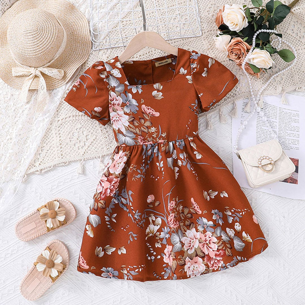 Girls Floral Print Fit & Flare Dress Casual Dresses Brown 2-3 Y 