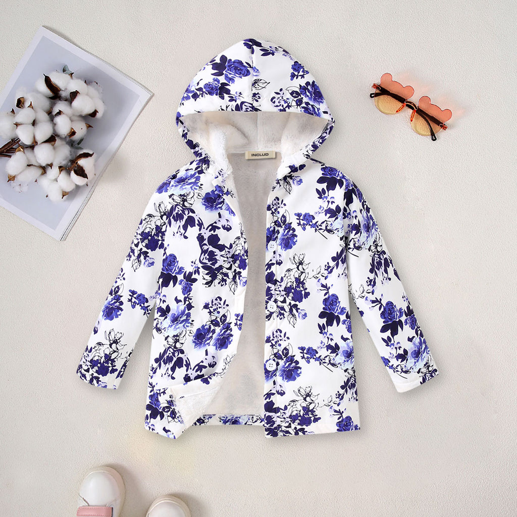 Girls Purple Floral Printed Hooded Front Open Winter Jacket Coats & Jackets Purple 3-4 Y