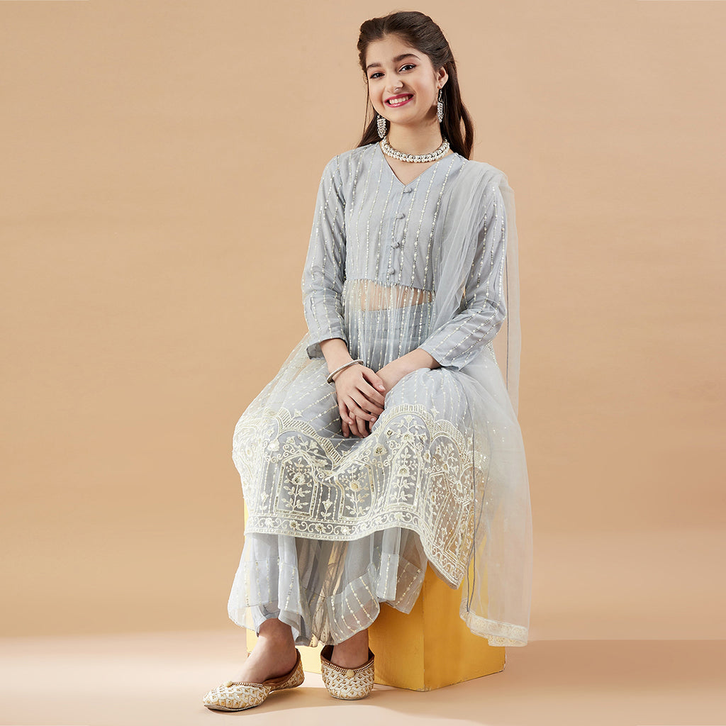 Girls Grey Ethnic Embroidered Pleated Anarkali Kurta With Pajama Set Ethnicwear Girls Grey 4-5 Y