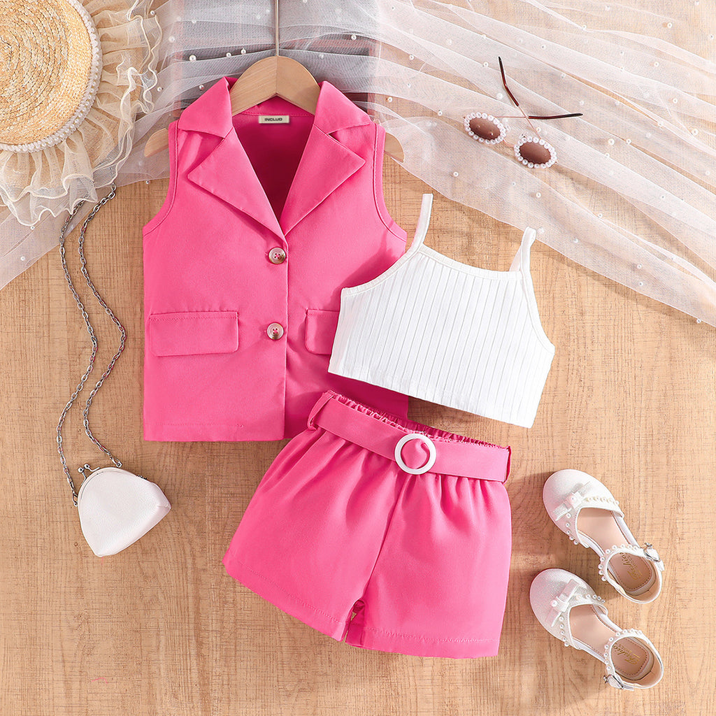 Girls Pink Sleeveless Waistcoat With Camisole Top And Shorts Set 3 pc. Sets Pink 3-4 Y