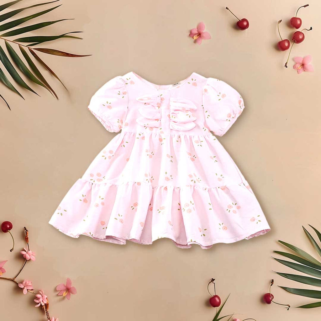Girls Puff Sleeve Floral Printed Fit & Flare Dress Casual Dresses Pink 1-2 Y 
