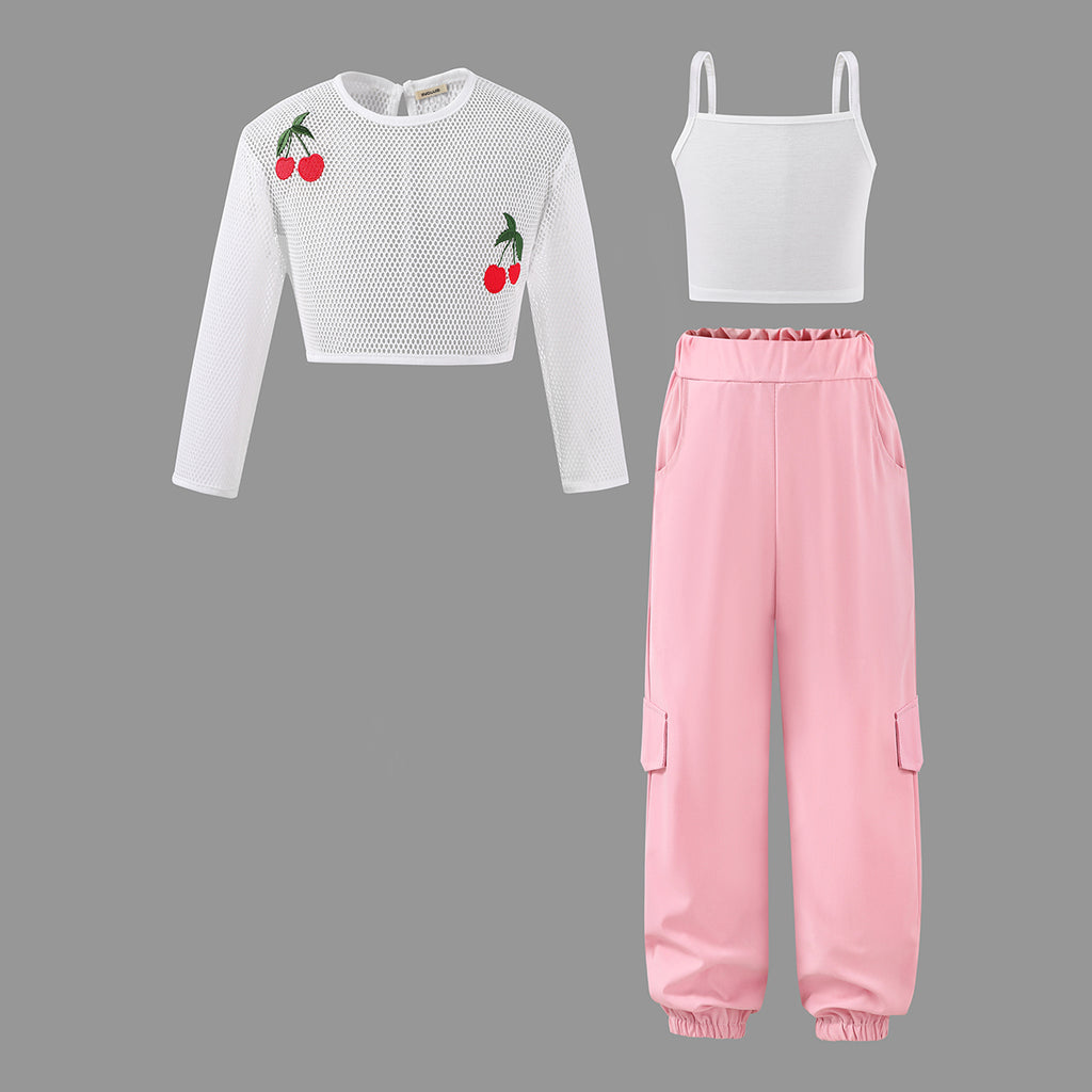 Girls Cherry Embroidered Mesh Top with Strappy Top & Pink Cargos Set Sets Pink 3-4 Y