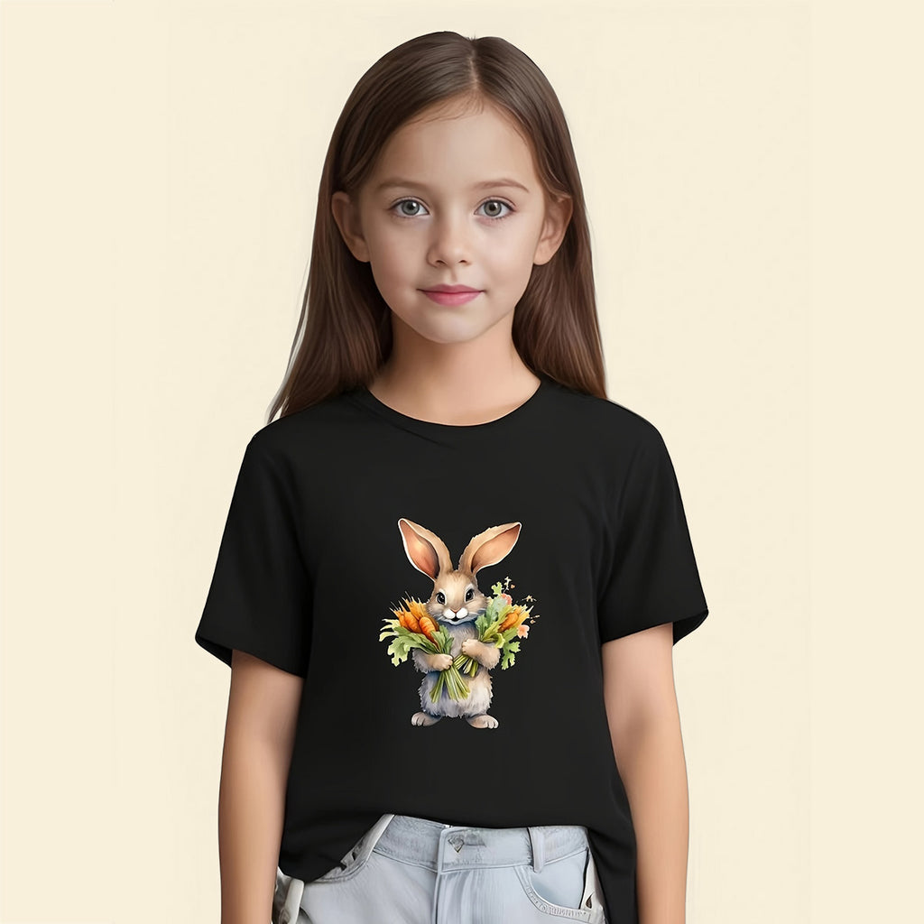 Girls Black Shorts Sleeves Bunny Printed T-shirt Tshirts Black 5-6 Y