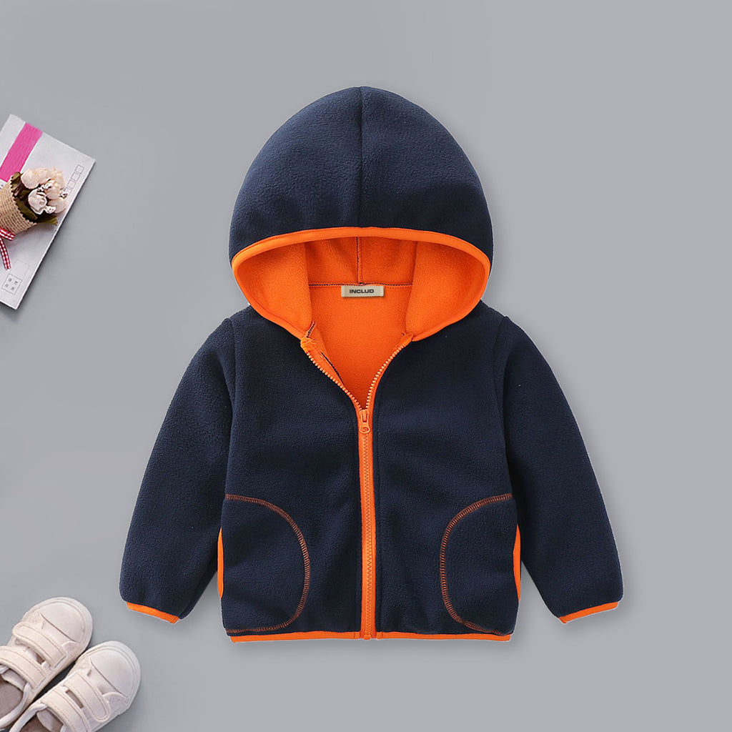 Boys Navy Blue Fleece Front Zipper Hooded Winter Jacket Coats & Jackets Navy Blue 1-2 Y