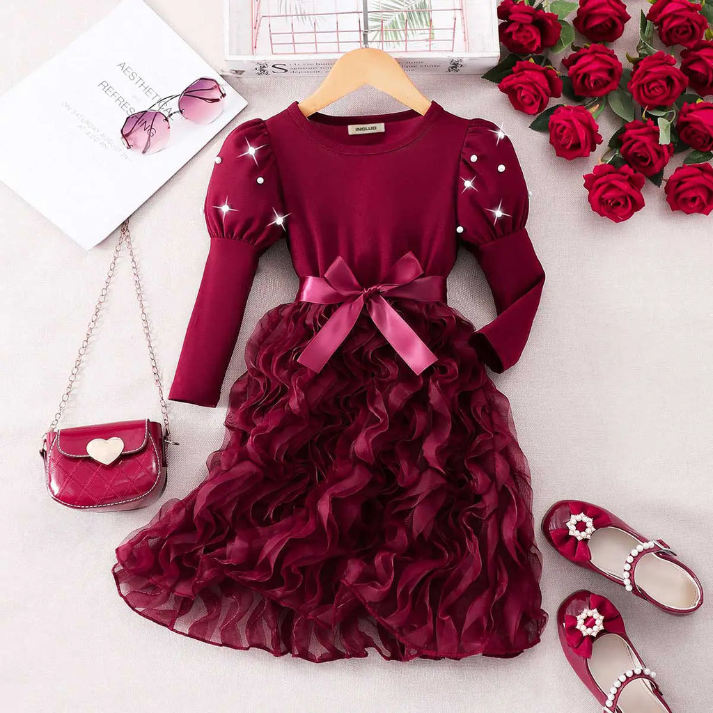 Girls Maroon Solid Beaded Ruffled Tulle Overlay Skirt Fit & Flare Midi Dress Casual Dresses Maroon 3-4 Y