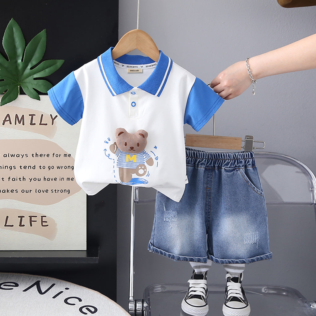 Boys Blue Bear Printed Short Sleeves Polo T-Shirt With Denim Shorts Set 2 pc. Sets Blue 1-2 Y