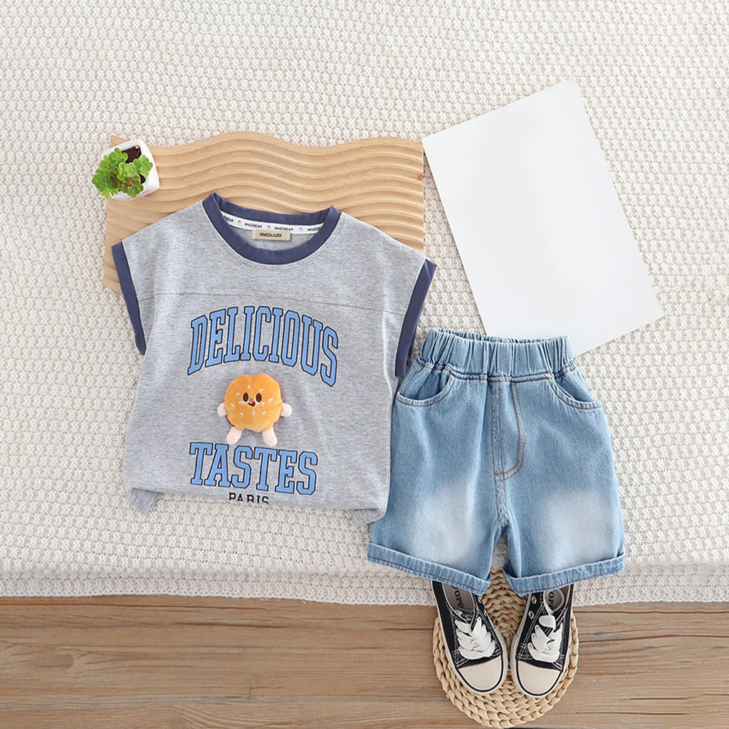 Boys Grey Printed Extended Sleeves T-Shirt With Denim Shorts Set 2 pc. Sets Grey 1-2 Y