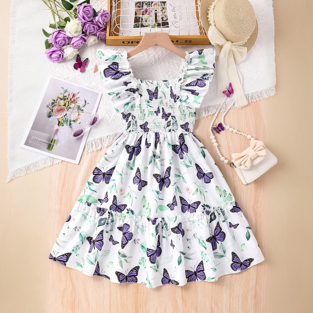 Girls White Butterfly Printed Square Neck Fit & Flare Smocked Dress Casual Dresses White 3-4 Y