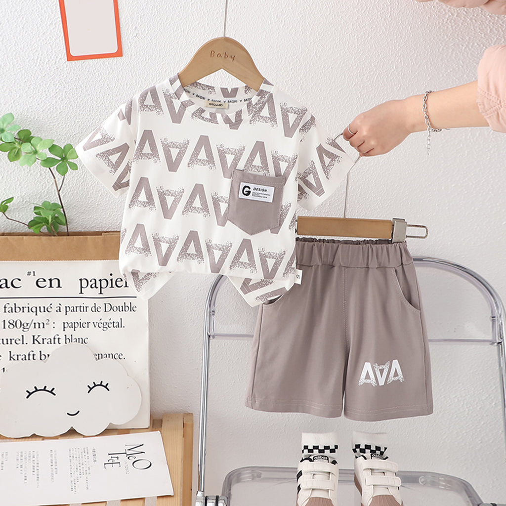 Boys Light Brown Printed Short Sleeves T-Shirt With Shorts Set 2 pc. Sets Light Brown 1-2 Y