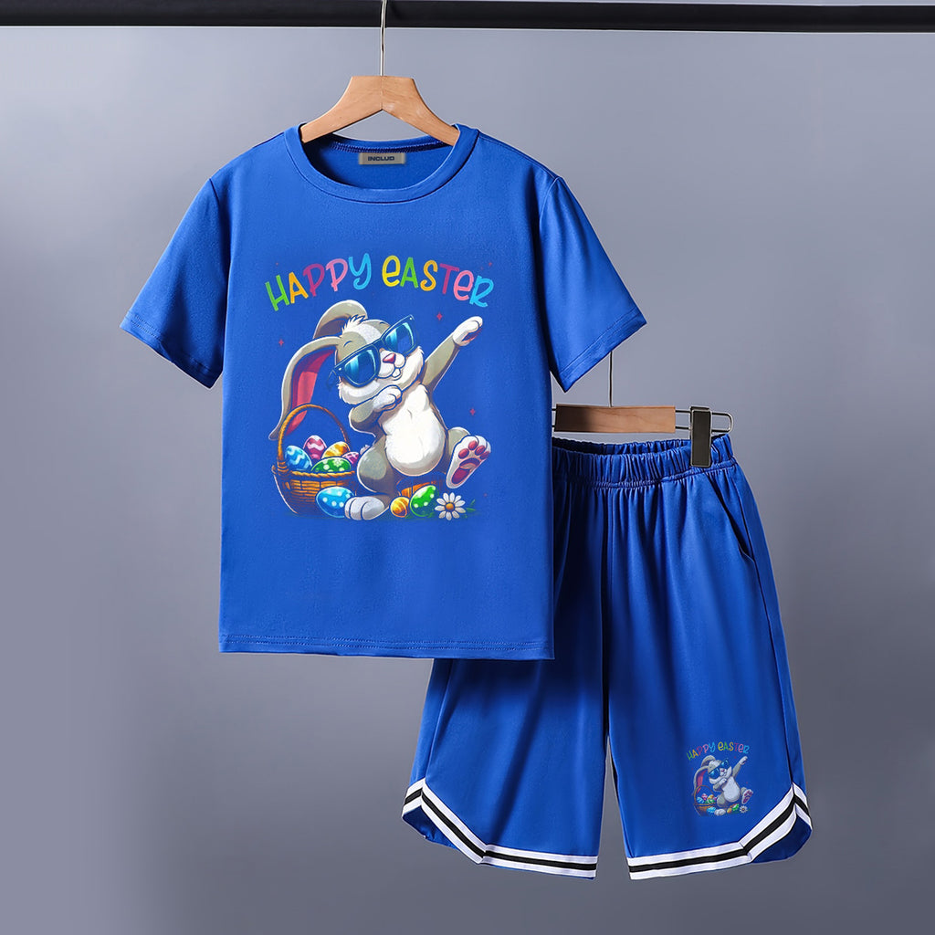 Boys Blue Happy Easter Graphic Short Sleeve T-Shirt With Shorts Set 2 pc. Sets Blue 5-6 Y