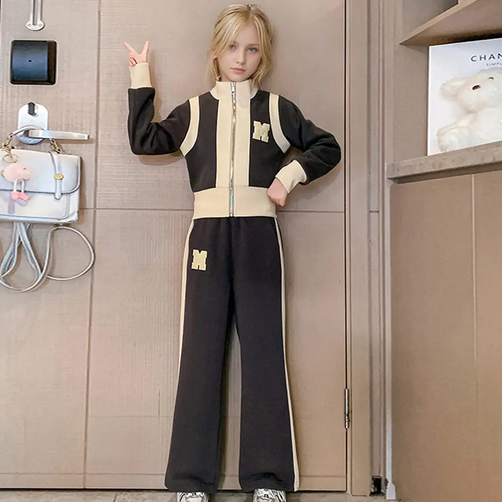 Girls Dark Grey Color-blocked Zipper Jacket With Wide Leg Pants Set Sets Dark Grey 5-6 Y