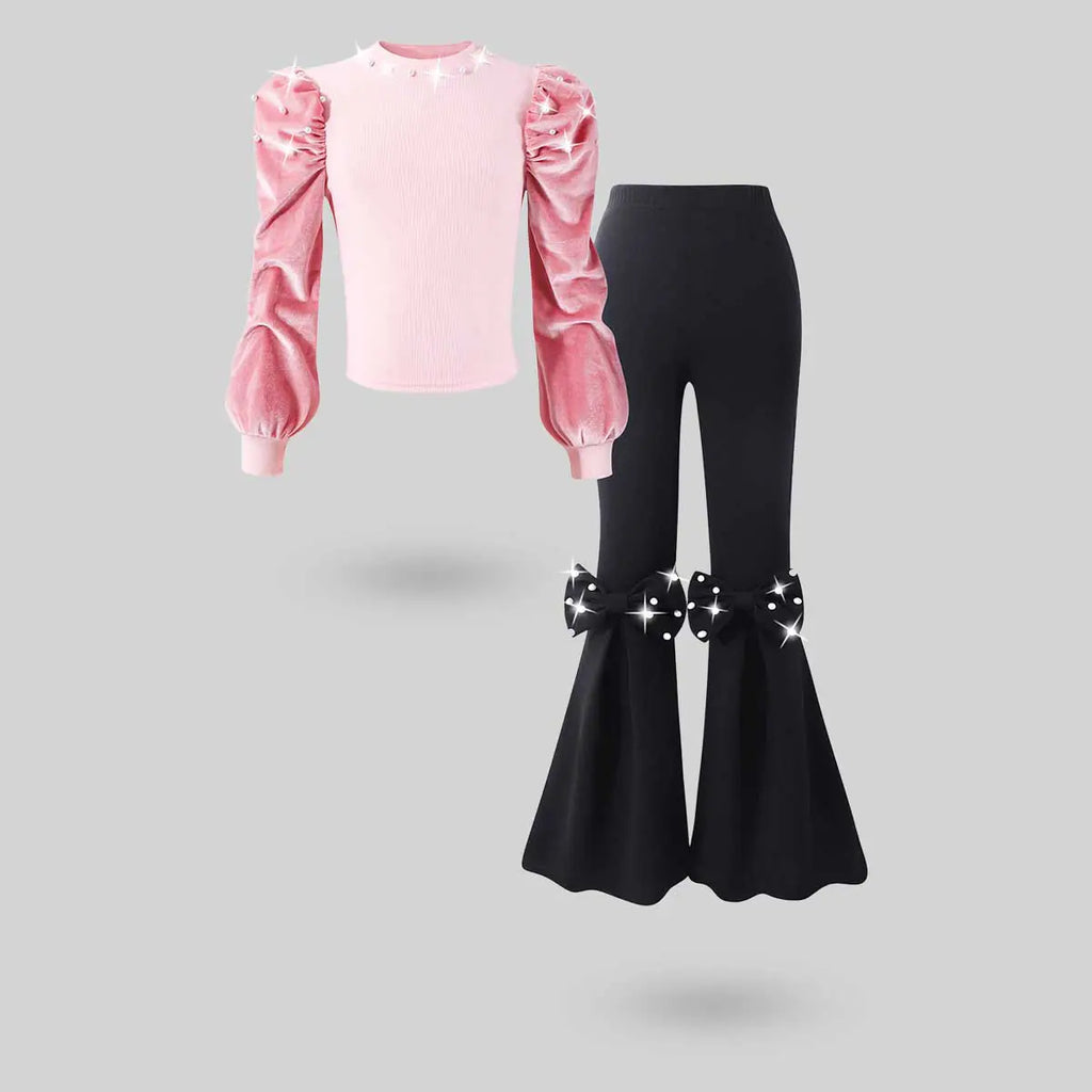 Girls Pink Long Puff Sleeves Top With Flared Pant Sets 2 pc. Sets Pink 7-8 Y