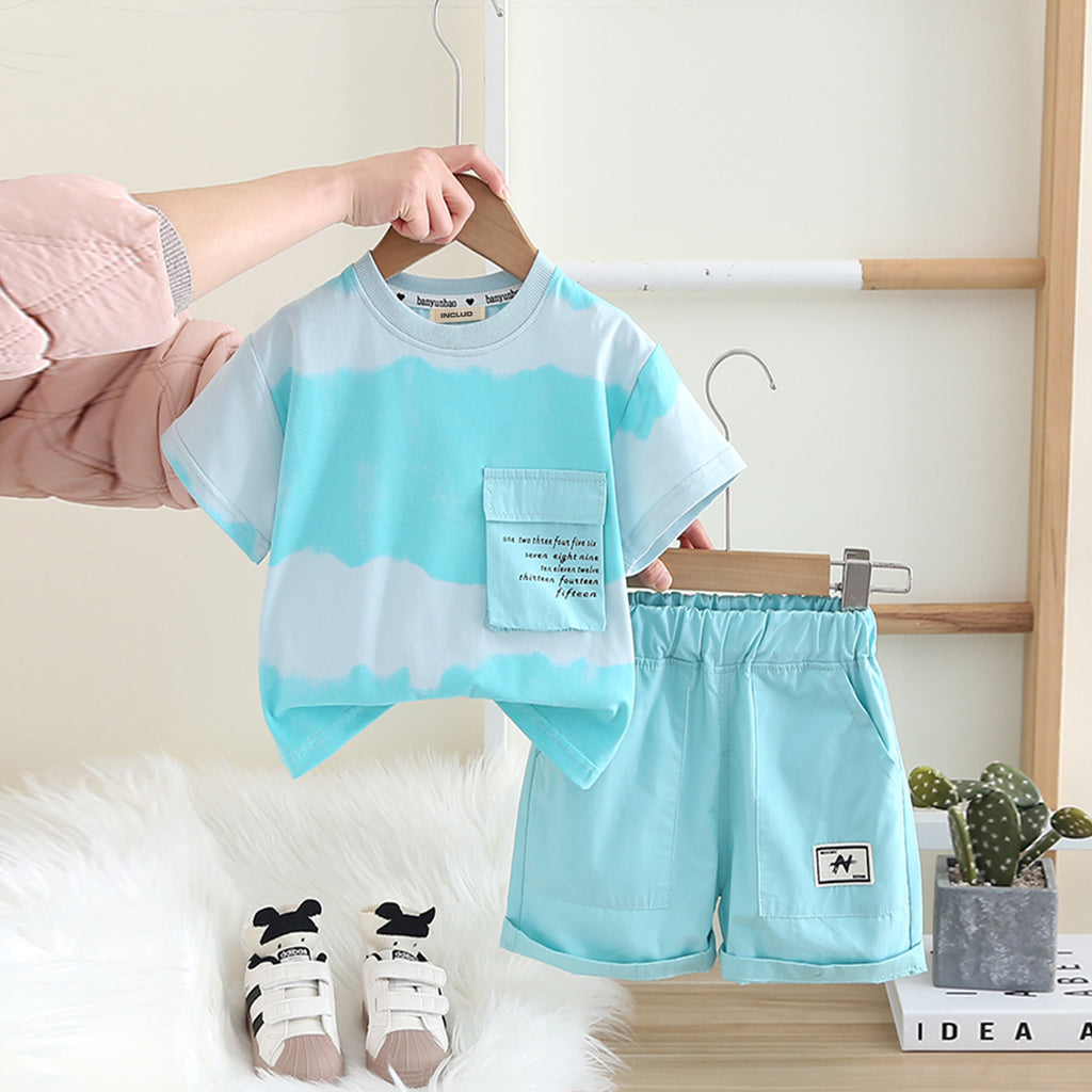 Boys Blue Printed T-shirt with Flap Pocket & Shorts Set 2 pc. Sets Sky Blue 1-2 Y