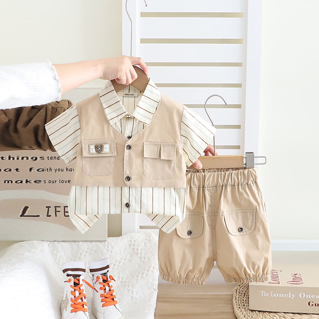Boys Beige Stripe Short Sleeves Pocket Flap Shirt With Shorts Set 2 pc. Sets Beige 1-2 Y