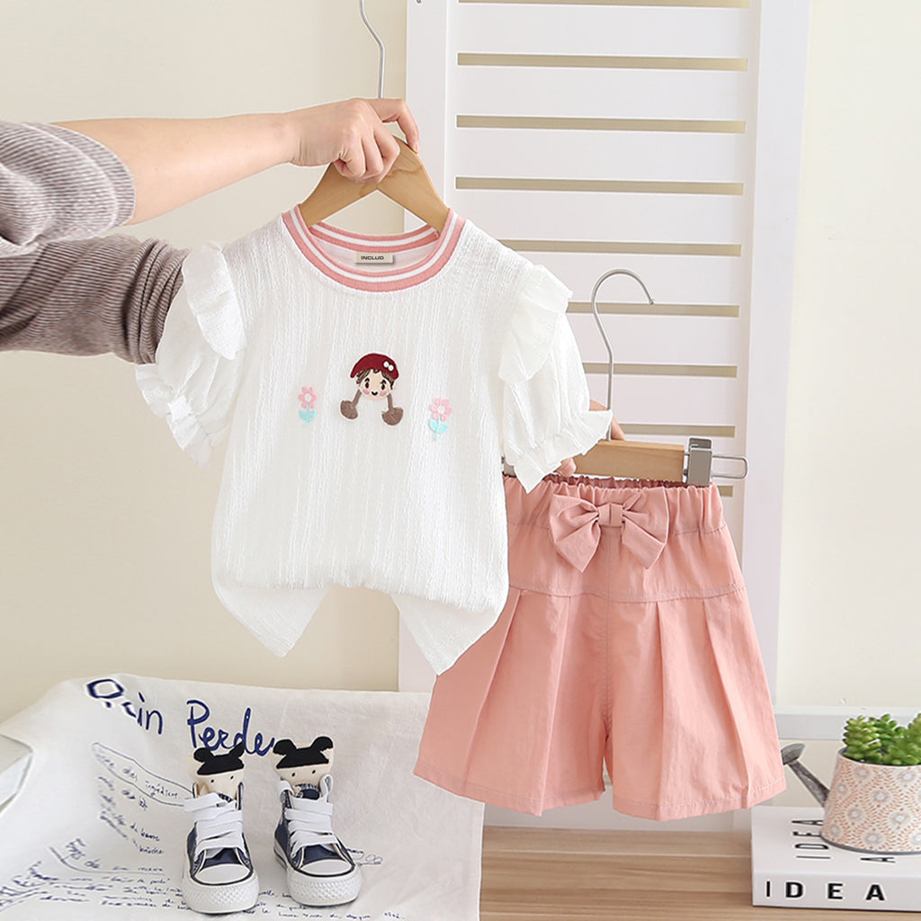Girls Short Sleeves Appliqued Top With Peach Pleated Shorts Set 2 pc. Sets Peach 1-2 Y