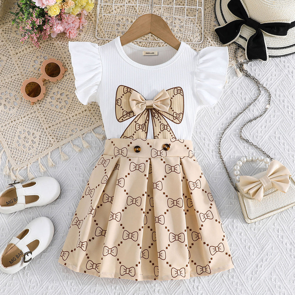 Girls White Bow Printed Top With Pleated Skirt Set 2 pc. Sets White 2-3 Y
