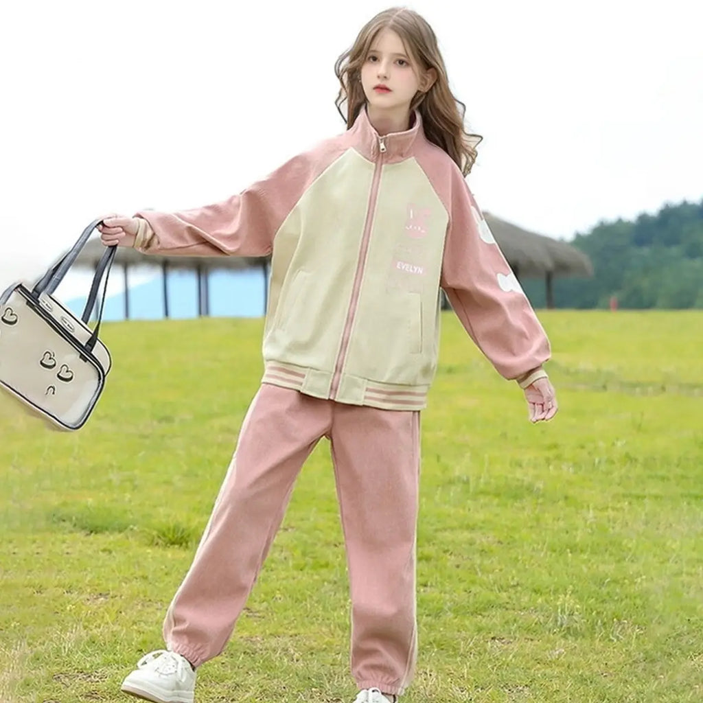 Girls Pink Bunny Face Printed Zipper Jacket With Jogger Set Sets Pink 5-6 Y