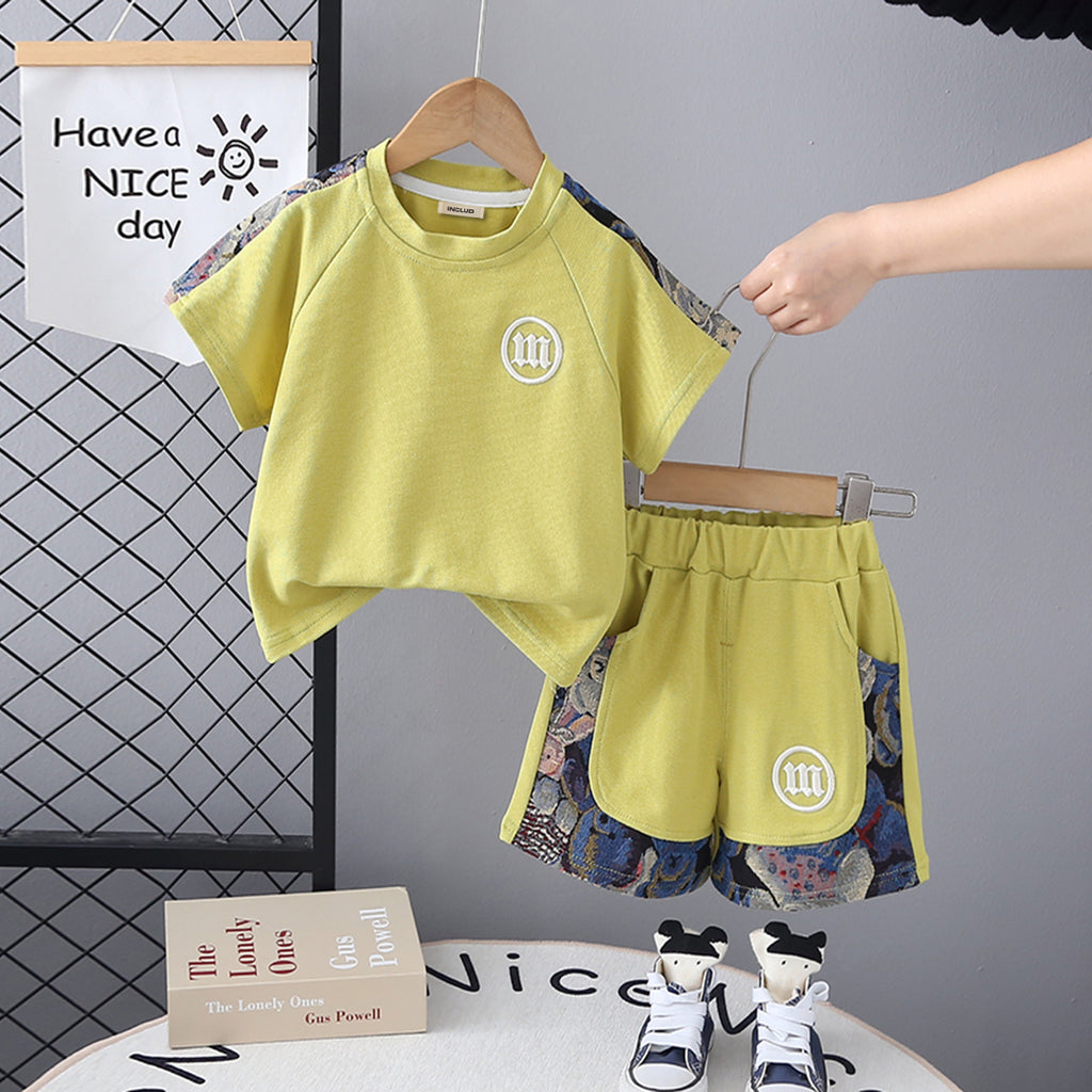 Boys Green Raglan Sleeve Printed T-Shirt With Elasticated Shorts Set 2 pc. Sets Green 1-2 Y