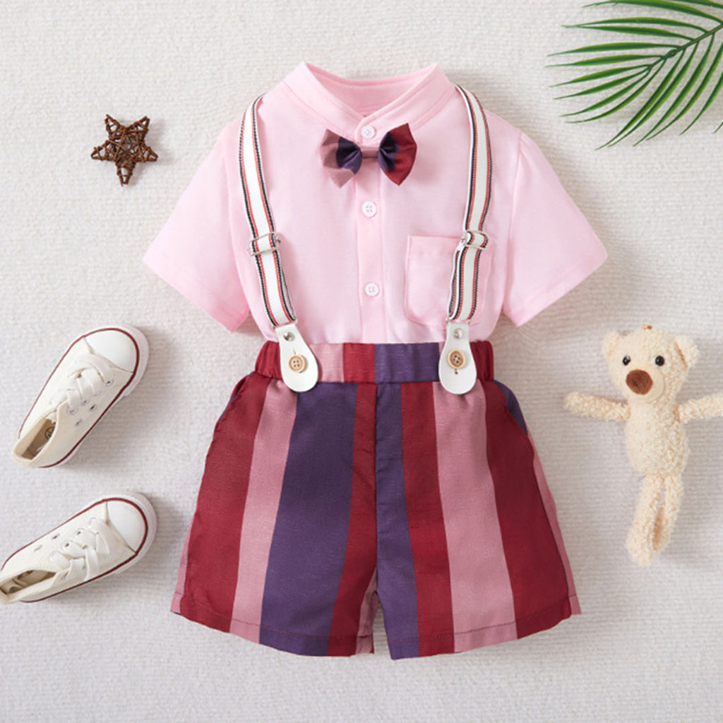 Boys Pink Short Sleeve Shirt With Suspender Short Set 2 pc. Sets Pink 1-2 Y