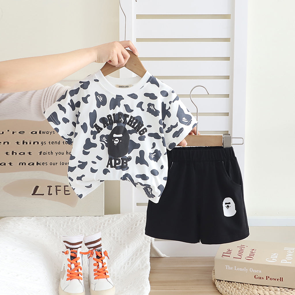 Boys White Abstract Printed Short Sleeves T-shirt With Shorts Set 2 pc. Sets White 1-2 Y