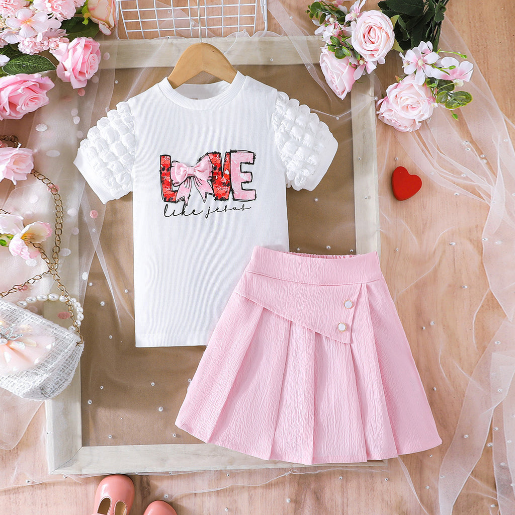 Girls White Typographic Printed Short Sleeves Top With Pleated Skirt Set 2 pc. Sets White 3-4 Y