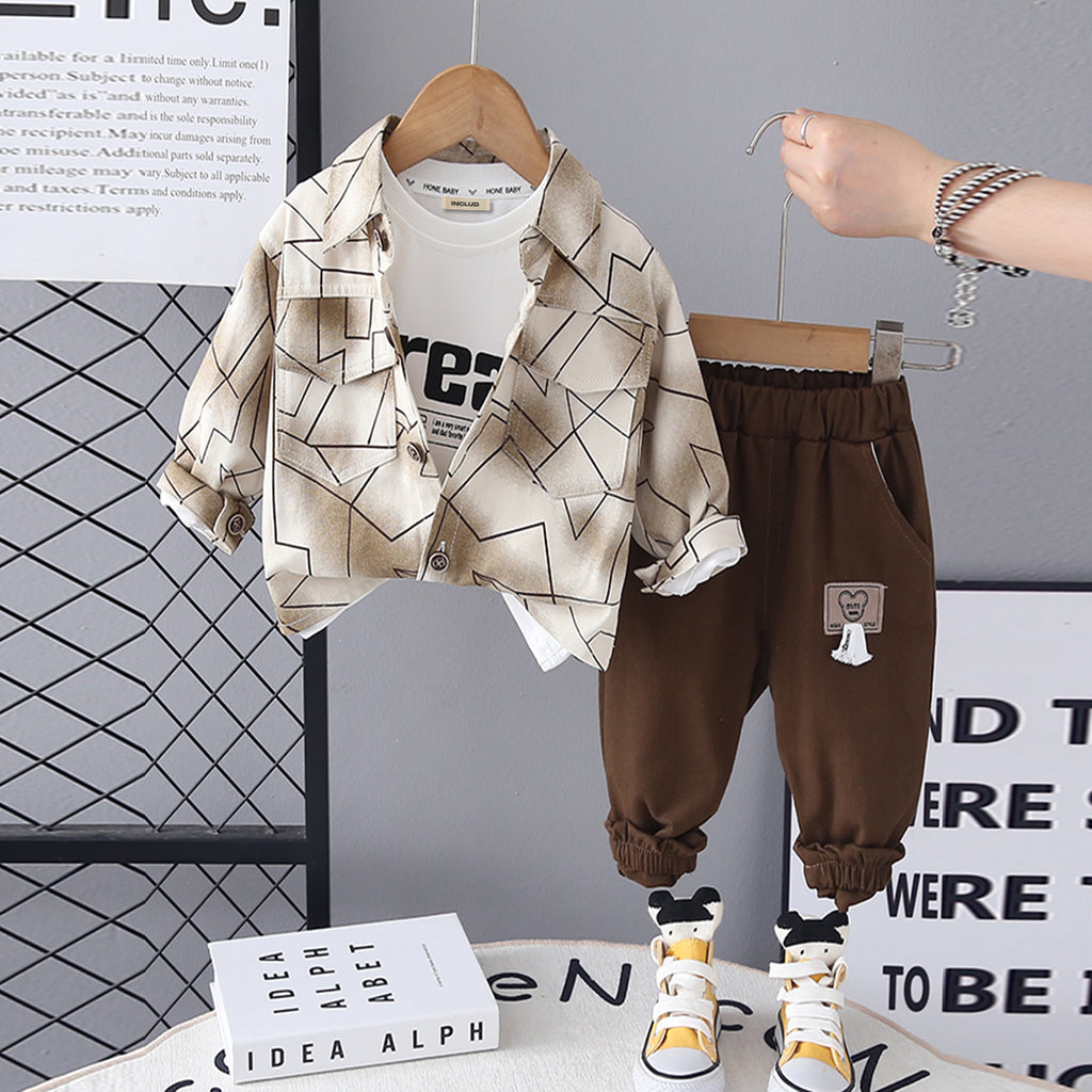 Boys Brown Abstract Printed Shirt With Printed T-Shirt & Jogger Set Sets Brown 1-2 Y