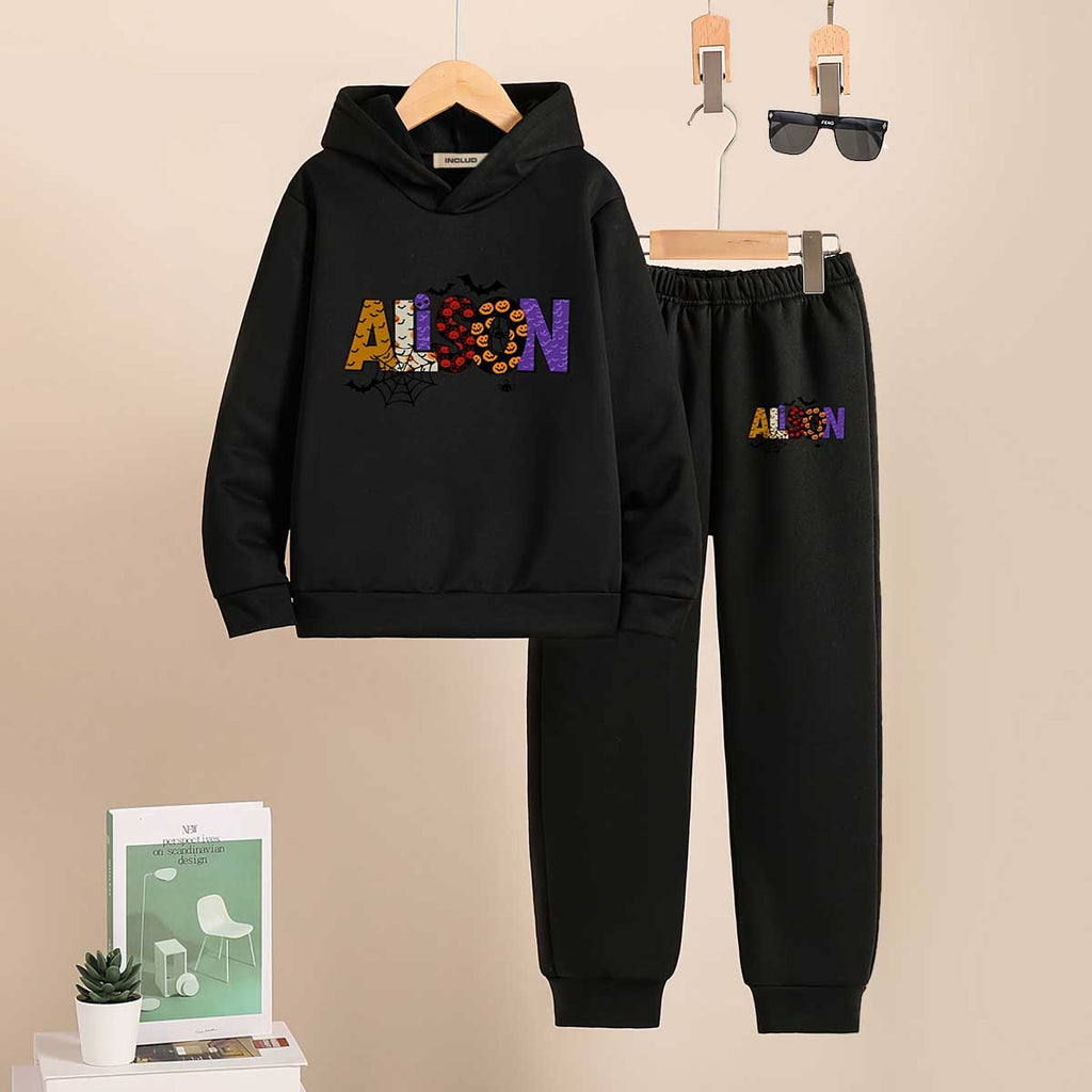 Boys Black Typographic Printed Hooded Sweatshirt With Jogger Co-ord Sets 2 pc. Sets Black 5-6 Y