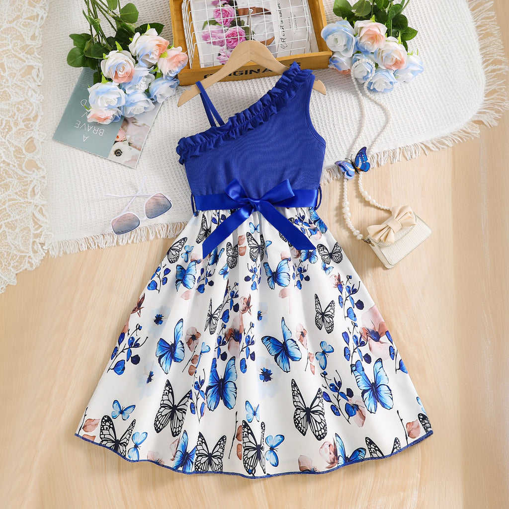 Girls Blue Butterfly Printed One Shoulder Fit And Flared Dress Casual Dresses Blue 3-4 Y