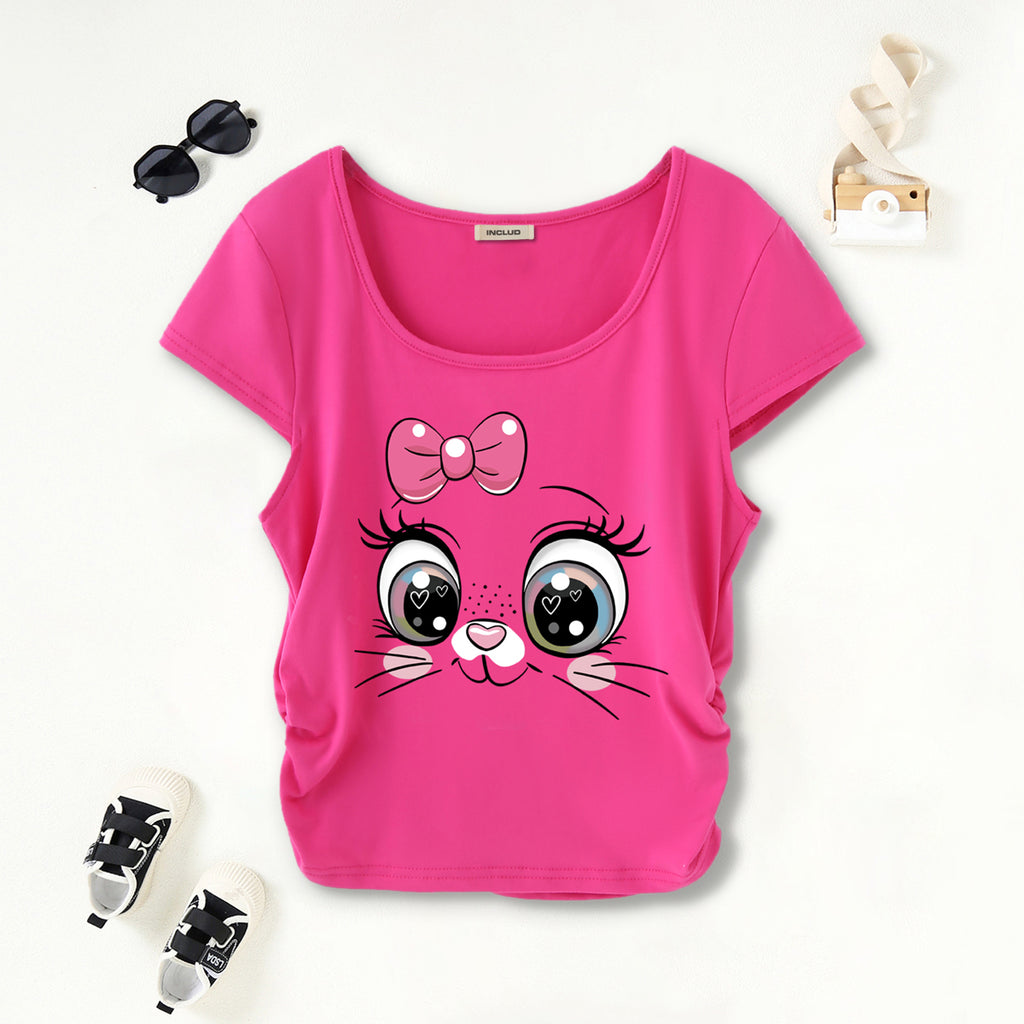 Girls Fuchsia Cat-Eyes Graphic Short Sleeves Scoop Neck T-Shirt Tshirts Fuchsia 7-8 Y